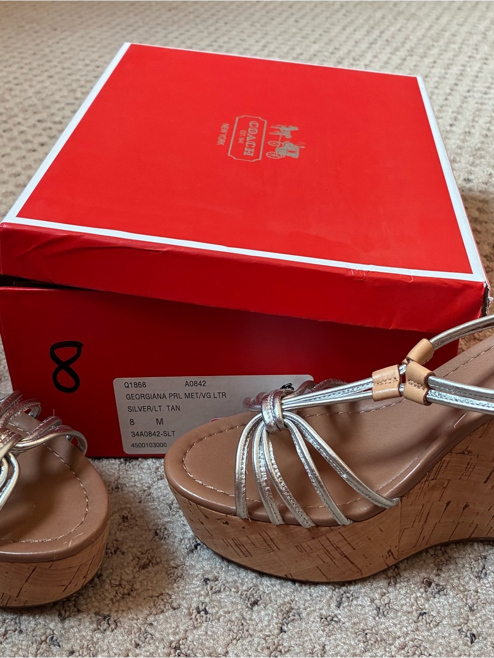 Coach Metallic Silver & Tan Cork Wedge Sandals